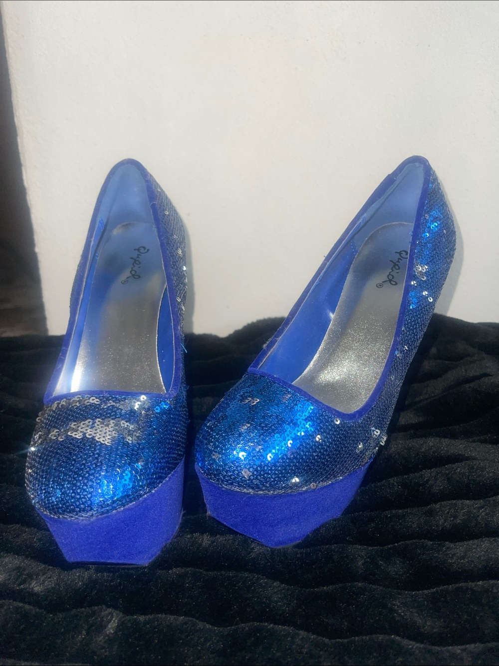 Qupid Royal Blue Sequin Platform Pumps
